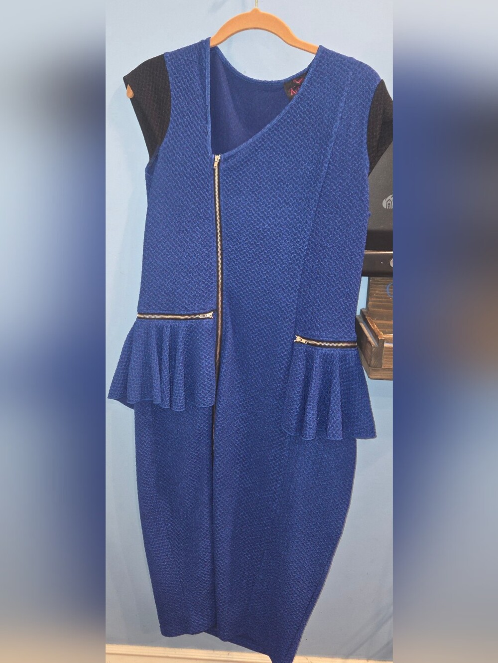 Textured Royal Blue Pencil Dress with Peplum Detachable Silver Zipper Sz 14